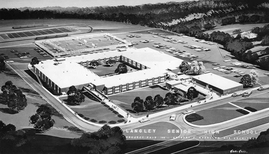 Black and white photograph of the architectural concept rendering of Langley High School.