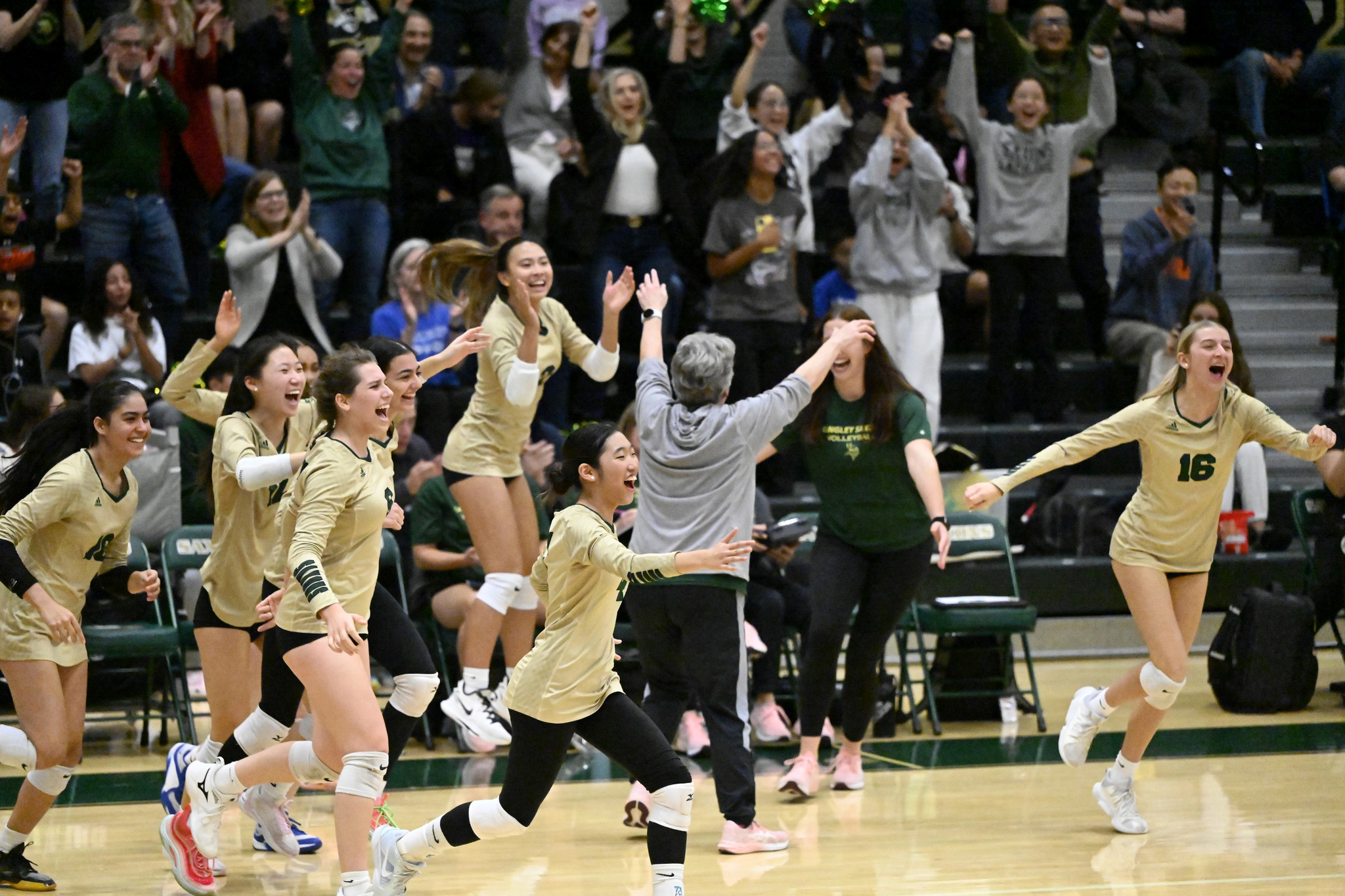 Langley Saxons celebrate after winning back-to-back state championships in girls volleyball.