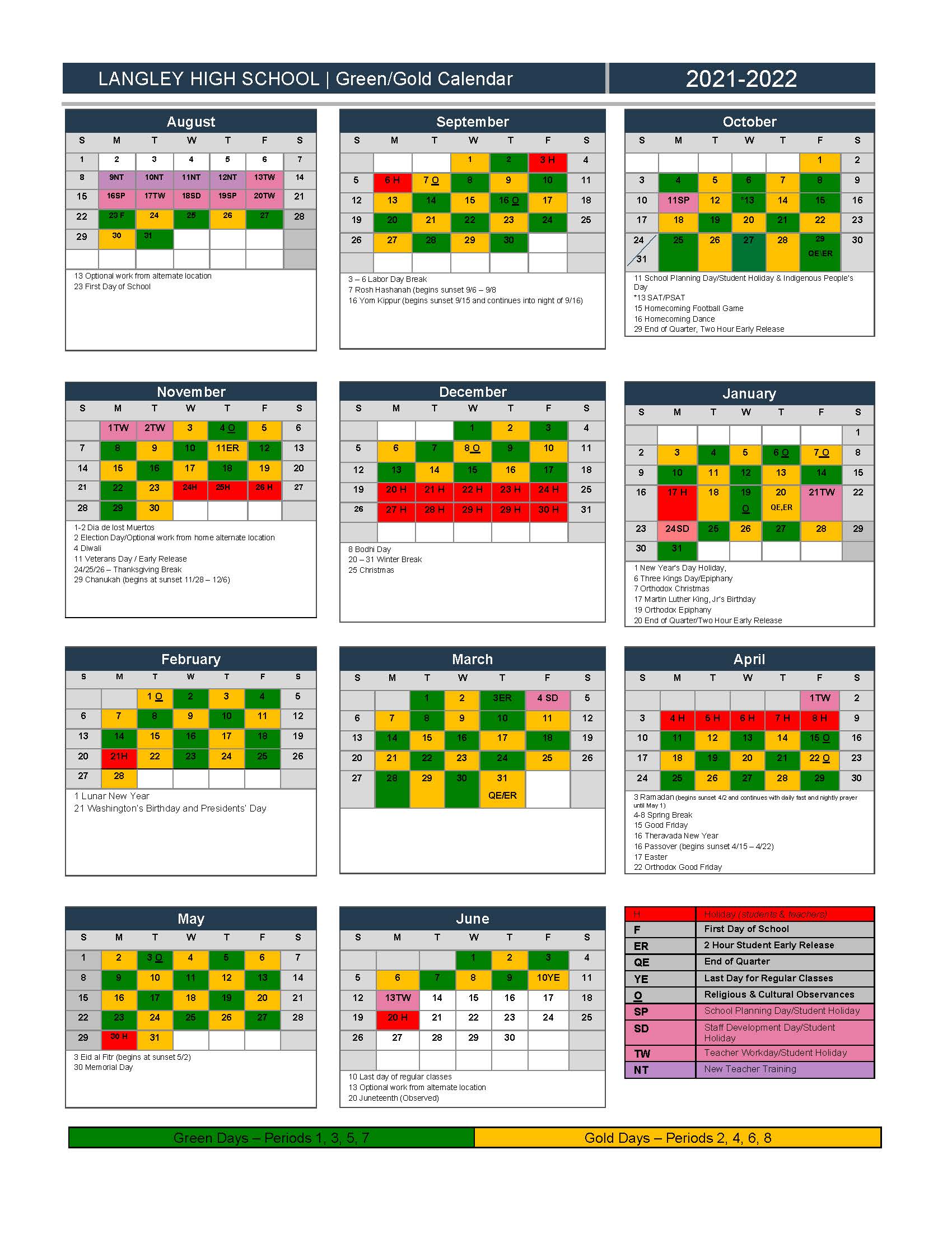 Green/Gold Schedule