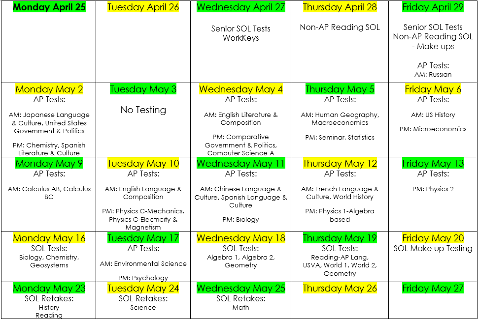 Image of the testing schedule, see PDF for a more accessible version